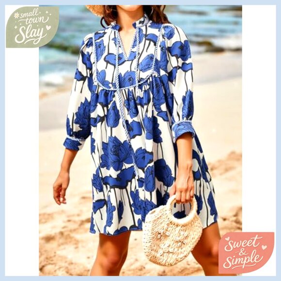 Floral Mini Dress with 3/4 Balloon Sleeves V-Neck Babydoll Summer Boho - Picture 4 of 7